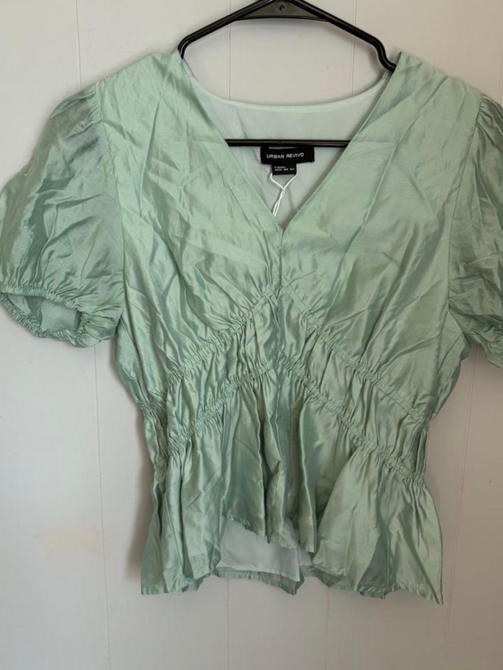 Urban Revivo Mint Green V-Neck Ruched Peplum Blouse